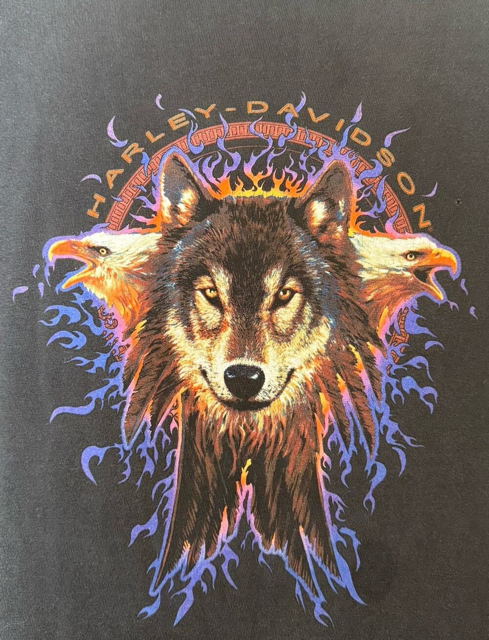 90s Vintage Eagle & Wolf Flames Harley Davidson Tee Size Large
